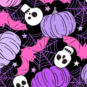 Halloween Pumpkins Skulls and Bats Purple Pink - XL Scale