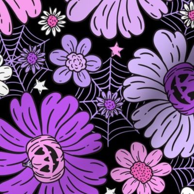 Jack O Lantern Halloween Floral Purple Pink Black BG Rotated - Large Scale