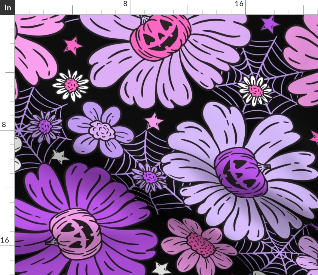 Jack O Lantern Halloween Floral Purple Pink Black BG Rotated - XL Scale