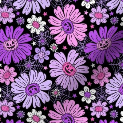 Jack O Lantern Halloween Floral Purple Pink Black BG - Small Scale