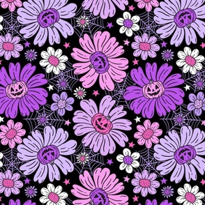 Jack O Lantern Halloween Floral Purple Pink Black BG - Large Scale