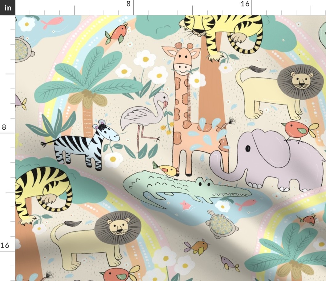 Jungle friends Cute cuter cutest Animals pastel shades// large scale//kids//wallpaper//home decor//fabric