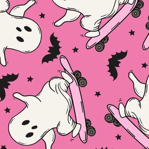Skateboarding Ghosts Pink BG Rotated - XL Scale