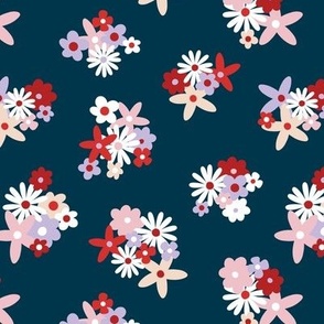 Retro Christmas blossom - mix of flowers Seventies vintage romantic floral seasonal winter bloom design red lilac pink on navy blue