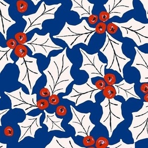 547 - Large scale red pink and blue non traditional Christmas berries and holly leaves for festive bed linen, table cloths, apparel and sewing projects, children's sleepwear, party costumes and dresses