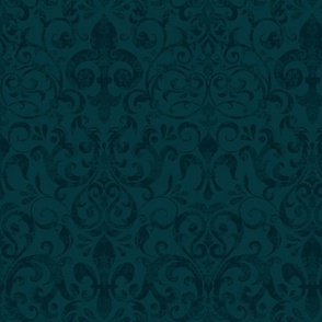 Fleur de Lis Damask Pattern French Linen Style Dark Mood Turquoise Smaller Scale