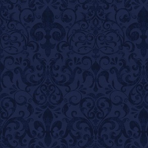 Fleur de Lis Damask Pattern French Linen Style Dark Mood Midnight Blue Smaller Scale