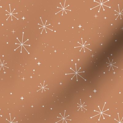 Seasonal Party - Fifties vintage snowflakes and stars magic snowy sky and starry boho winter night seasonal winter design white on burnt orange caramel