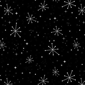 Seasonal Party - Fifties vintage snowflakes and stars magic snowy sky and starry boho winter night seasonal winter design white on black