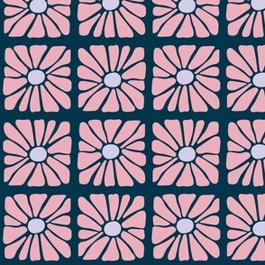 Mid - Century modernist fifties groovy flowers - vintage Christmas plaid with boho retro blossom pink lilac on navy blue