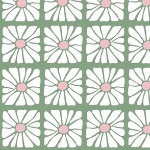 Mid - Century modernist fifties flowers - vintage Christmas plaid with boho retro blossom pink white on matcha green