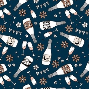 Happy Holidays new year's party - champagne bottles and glasses to toast on 2023 vintage boho style retro New year design beige gray on navy blue night