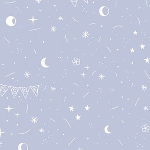 Happy New Year celebrations - boho style 2024 party garland stars moon night design white on lavender blue sky