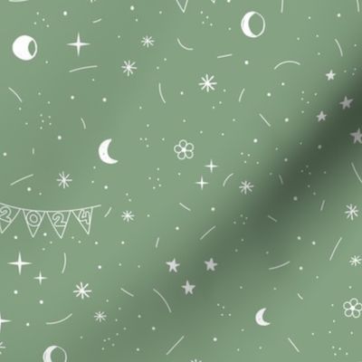 Happy New Year celebrations - boho style 2024 party garland stars moon night design white on sage green