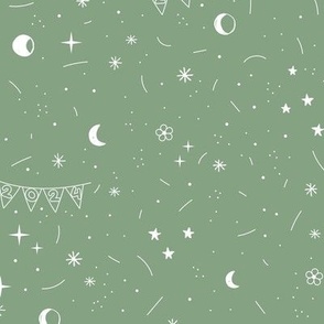 Happy New Year celebrations - boho style 2024 party garland stars moon night design white on sage green
