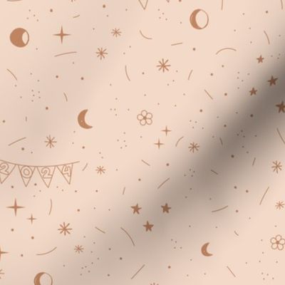 Happy New Year celebrations - boho style 2024 party garland stars moon night design caramel on soft beige blush vintage seventies palette