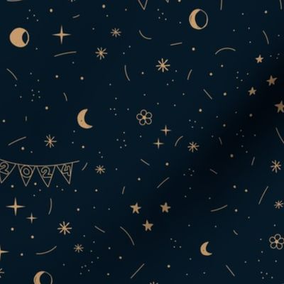 Happy New Year celebrations - boho style 2024 party garland stars moon night design caramel on deep navy blue