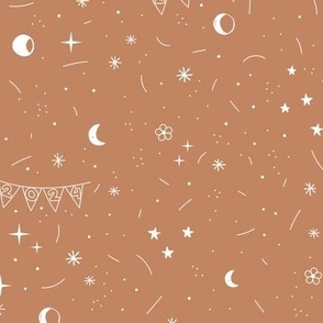 Happy New Year celebrations - boho style 2024 party garland stars moon night design white on caramel burnt orange