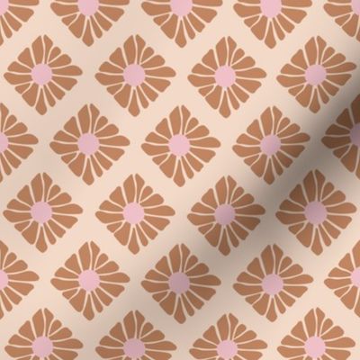 Mid - Century modernist fifties groovy flowers - vintage Christmas plaid diamond shapes with boho retro blossom caramel pink on blush