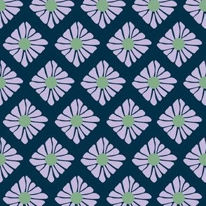 Mid - Century modernist fifties groovy flowers - vintage Christmas plaid diamond shapes with boho retro blossom lilac purple sage green on navy blue