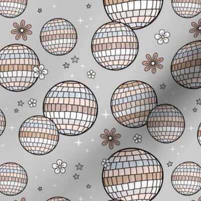 Happy Holidays new year's party - retro disco ball flowers and stars magic night mirrorball sand beige blush on soft gray