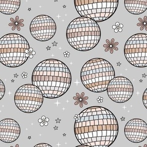 Happy Holidays new year's party - retro disco ball flowers and stars magic night mirrorball sand beige blush on soft gray