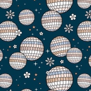 Happy Holidays new year's party - retro disco ball flowers and stars magic night mirrorball sand beige blush on navy blue
