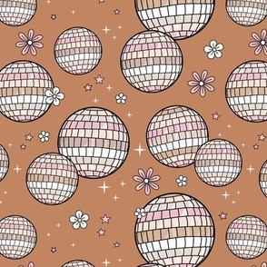 Happy Holidays new year's party - retro disco ball flowers and stars magic night mirrorball pink blush on caramel burnt orange