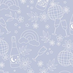 Happy 2024 Champagne bubbles and disco balls groovy retro style nye design white on sky blue