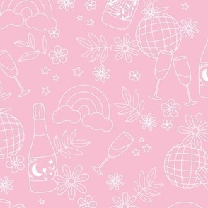 Happy 2024 Champagne bubbles and disco balls groovy retro style nye design white on pink