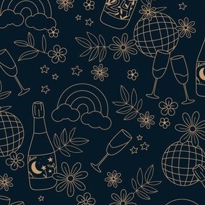 Happy 2024 Champagne bubbles and disco balls groovy retro style nye design golden navy blue
