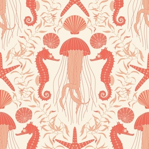 Ocean damask salmon and coral - 24” repeat
