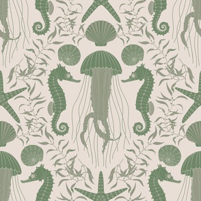 Ocean damask seaweed and lichen green - 24” repeat