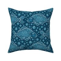 Singing and bubbling fish // normal scale 0014 B // blue navy blue teal tranquility melodic marine symphony monochromatic aquatic sea underwater design