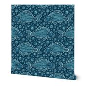 Singing and bubbling fish // normal scale 0014 B // blue navy blue teal tranquility melodic marine symphony monochromatic aquatic sea underwater design