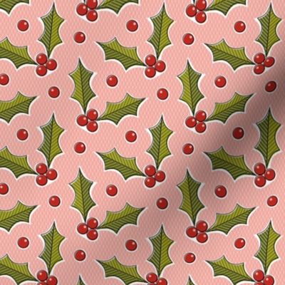 Holly - olive and poppy red on pink