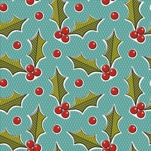 Holly - olive and poppy red on teal
