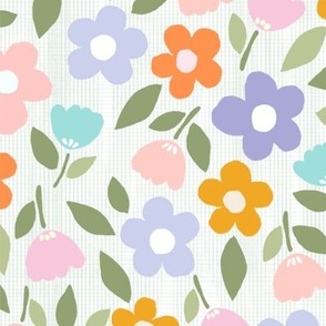 medium//bold garden florals in  modern and whimsical style with pastel spring colours and textured checks background - medium 