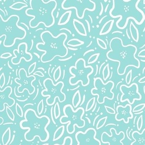 abstract line drawing florals and leaves - pastel teal blue and white - hand-drawn - doodle flowers