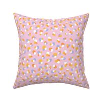 abstract gathered confetti or polka dots with white, pastel blue and orange on pastel pink 