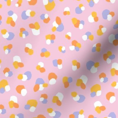 abstract gathered confetti or polka dots with white, pastel blue and orange on pastel pink 