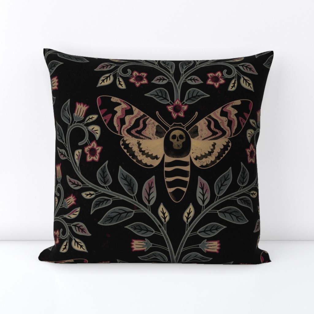 Death Head Damask, death head moth, belladonna and skulls, black, large