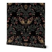 Death Head Damask, death head moth, belladonna and skulls, black, large