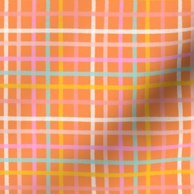 multi colour hand-drawn checks with pastel and orange colour plaids/gingham