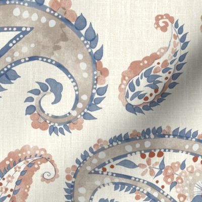 East fork Autumn paisley //large scale// Watercolour, Brown, beige, rust, blue//wallpaper//fabric//home decor