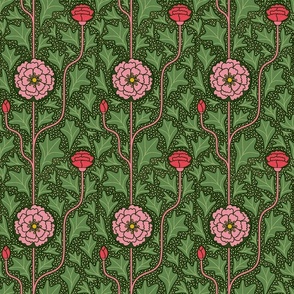 Art Deco Flowers Green Pink