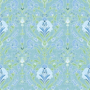 Damask Petal Parade – Blue/Green on French-Blue Linen Wallpaper – New for 2023