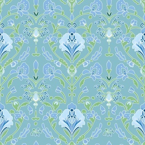 Damask Petal Parade – Blue/Green on French Blue Wallpaper – New 