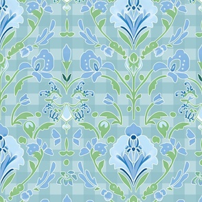 Damask Petal Parade – Blue/Green on French-Blue Plaid Wallpaper 