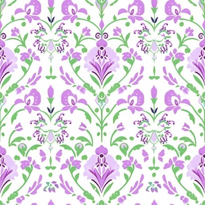 Damask Petal Parade –Lilac/Green on White Wallpaper – New for 2023